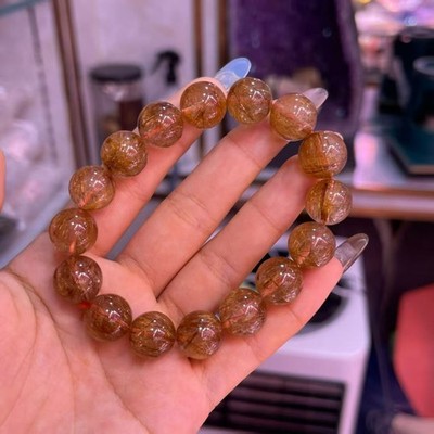 Natural Copper Hair Rutilated Quartz Crystal Round Beads Bracelet 13mm AAAAA