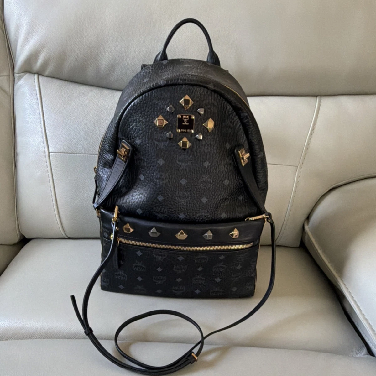 MCM Black Leather Briefcase-Style Backpack with Brown Handles MCM Stark Side Stud Visetos Canvas Black Backpack Bag main image 2