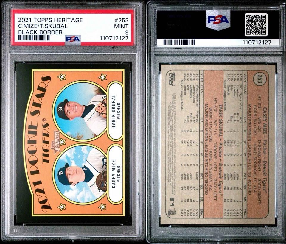 Tarik Skubal Casey Mize 2021 Topps Heritage Black Print Run=50 SSP RC 253 PSA 9 - Image 3 of 3
