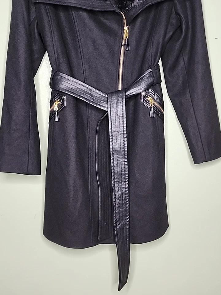 Abrigo Via Spiga Mezcla de Lana Imitación Piel Ribete 18 Negro Bolsillos Cinturón Mob Esposa Dinero Antiguo Foto 4 de 4