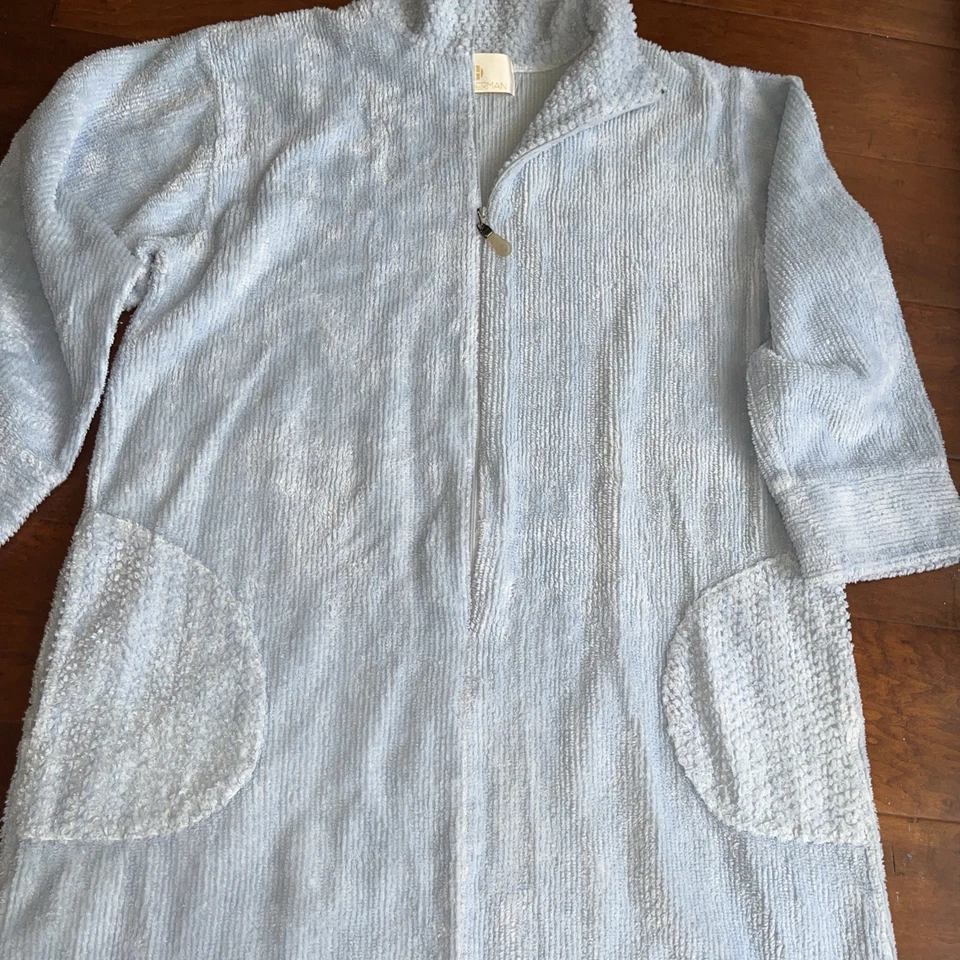 Stan Herman Vintage Womens Robe Light Blue L Chenille  Cotton Blend Half Zipper - Image 2 of 4