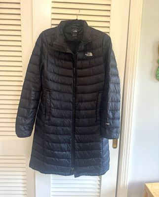The North Face 700 Black Down Mid-Length Puffer Coat Womens L Full Zip Pockets