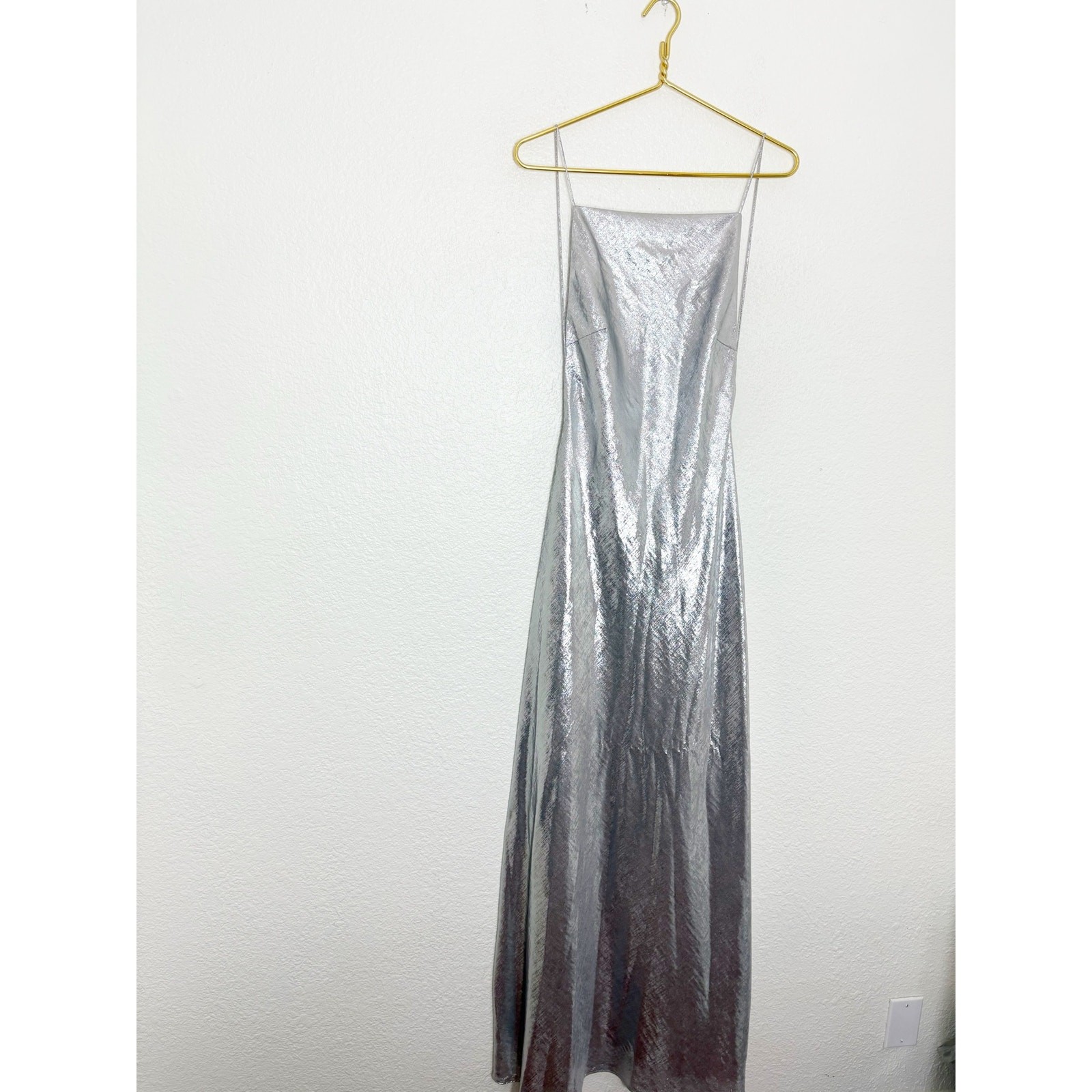 Mango Collection Metallic Open Back Maxi Dress Size 6 Silver Formal Wedding image 3