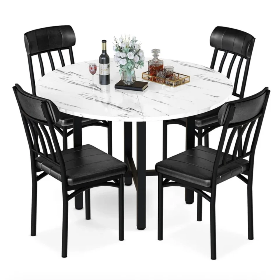 Juego De Comedor Redondo 4 Sillas y Mesa Elegante Mesa de Cocina Superior de Mármol Imitado Foto 3 de 4