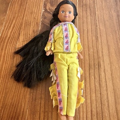 Vtg Kid Core Dancing Brook Indian Doll 8  Yellow & Pink Clothes Long Hair