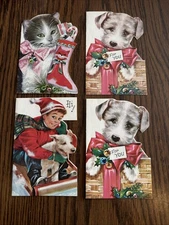 4 VINTAGE CHRISTMAS CARDS DOG KITTY CAT Kitschy UNUSED Cute Vtg Xmas Norcross