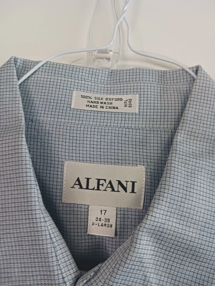 Alfani Men's Button Down Long Sleeve 100% Silk Shirt XL Light Blue Patterned - Image 3 of 4