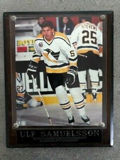 Ulf Samuelsson #5 Pittsburgh Penguins 90s logo wooden etching framed photo 10x13