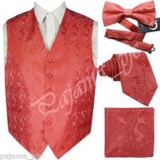 CORAL XS -6XL Paisley Tuxedo Dress Vest Waistcoat  Neck tie  Bowtie And Hanky