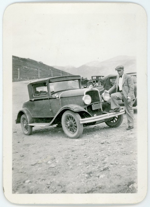 Vintage Snapshot Gent w Bowtie & Newsie Cap 1929 DeSoto Model K 3-Window Coupe ?