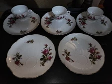 Set of 8 Porcelain Gold-Rimmed Rosebud Snack Plates and Cups (5 Plates & 3 Cups)