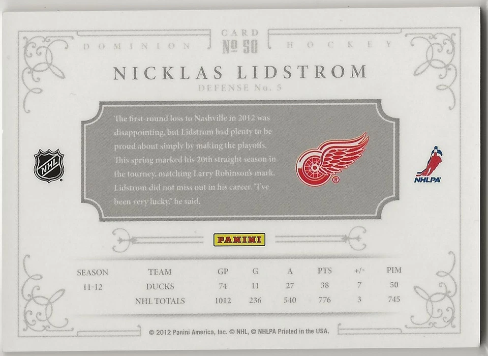 2011 2011-12 Panini Dominion #50 Nicklas Lidstrom 110/199 Detroit Red Wings - Image 2 of 2