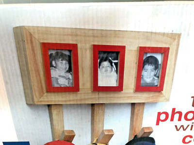 NOVA TRIPLE PHOTO FRAME 2'' X 3'' W/3 COAT HOOKS NATURAL WOOD, RED PAINTED FRAMES