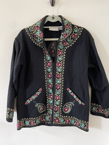 PASSPORTS OF PIER 1 IMPORTS Vtg 90s wool Indian embroidered print Jacket medium - Picture 2 of 10