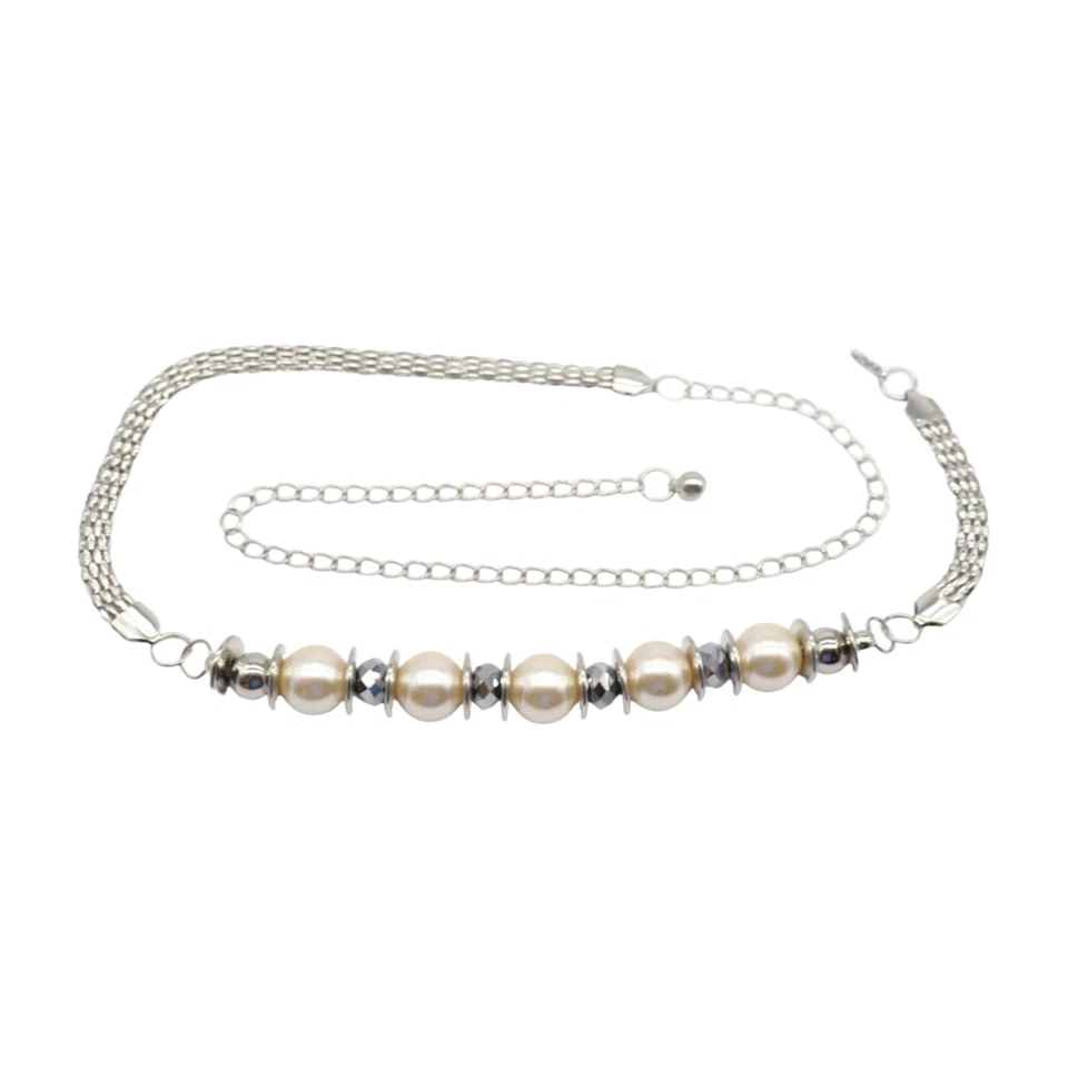 Cintura Alta In Vita Hip In Metallo Argento Con Perline Bianche E Perle S M - Immagine 4 di 4