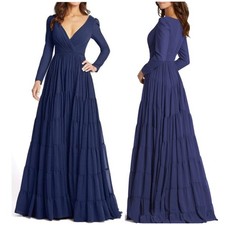 Mac Duggal NWT Long Sleeve Ruched Tiered A-Line Chiffon Gown Midnight Size 6