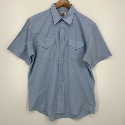 Ely Cattleman Short Sleeve Pearl Snap Western Shirt Men's Size 16.5 Light Blue