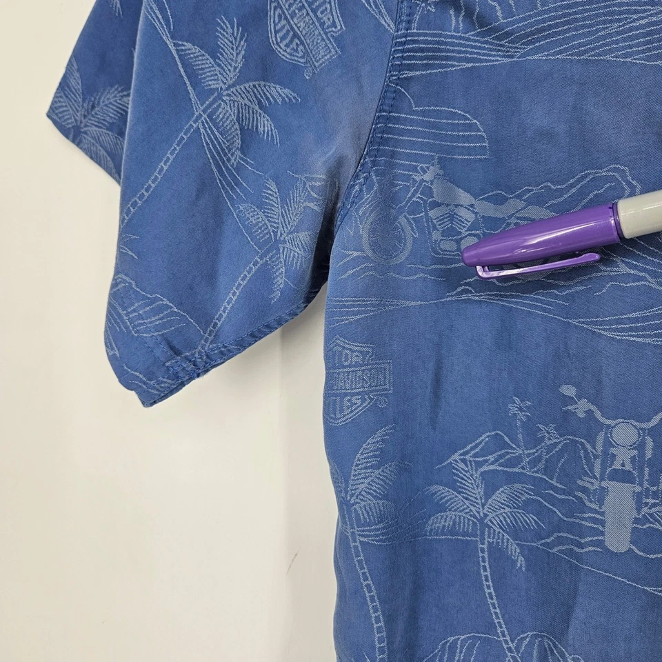 Camisa Harley Davidson Para Hombre Mediana Hawaiana Manga Corta Azul Suave Informal Foto 3 de 4