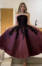 Elegant Ankle-Length Burgundy Prom Dress With Black Lace Strapless Sleeveless