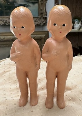 Two Vintage Hard Plastic Miniature Frozen Charlotte Baby Dolls