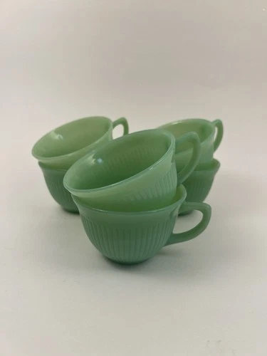 Lot Of 6 FIRE KING Jadeite Jane Ray Ribbed Coffee Cups, Vintage Anchor Hocking