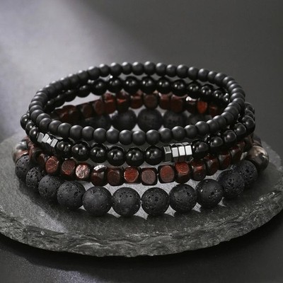 4 x Armband Perlenarmband Lavastein Holz, Stein Perlen Unisex Glücksarmband