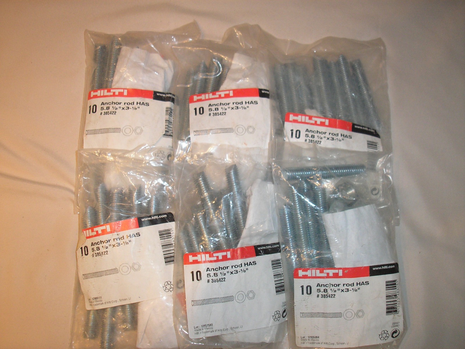 Lot of 6-(10-Pk) Hilti Threaded Steel Anchor Rod HAS 5.8 1/2" x 3-1/8" #385422