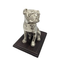 Cast Aluminum Pug/Bulldog Figurine On Wooden Stand 7" Tall Unique Accent Piece