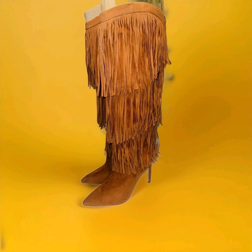 Botas de aguja con flecos Nine West hasta la rodilla coñac para mujer talla 11M Foto 2 de 4