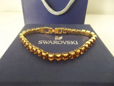 Vintage Signed Swarovski Gold Tone & Brown Crystal Tennis Bracelet - 18cm - Image 1 of 3