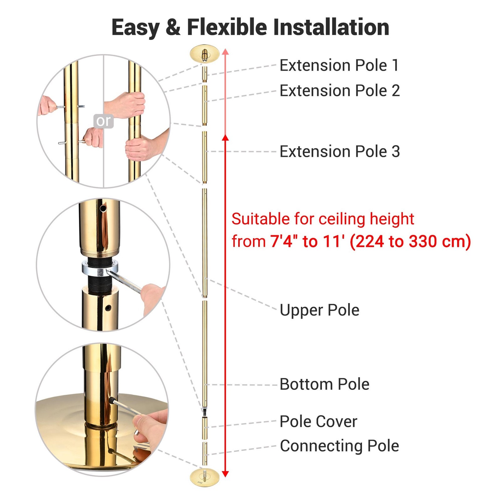 Xcceries 10 FT Spinning Static Dancing Pole Kit w/ Extensions Fitness Dance Gold