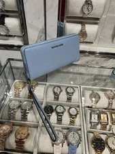Michael Kors Long Large Zip Around Leather Wallet Clutch Phone Holder Light Sky