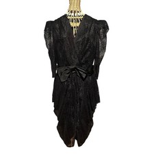 Vtg Glenrob Ltd Black Lace Cocktail Dress 80s Puff Sleeves hips Bow 11/12 Witchy