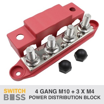 4 GANG M10 RED Power Distribution Block Bus Bar Terminal Post Stud 12v 24v