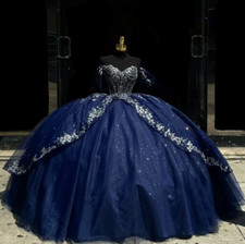 Navy Blue Ball Gown Quinceanera Dresses Appliques Lace Beads Bow Sweet 15 16