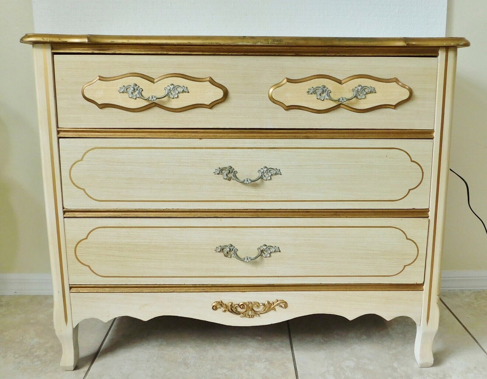 Vintage 38" Gold & Ivory French Provincial Wood Chest of 3 Drawers Dresser