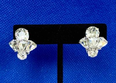 Vintage Eisenberg Silver-tone Clear Crystal Rhinestone Bee Earrings, Clip-on