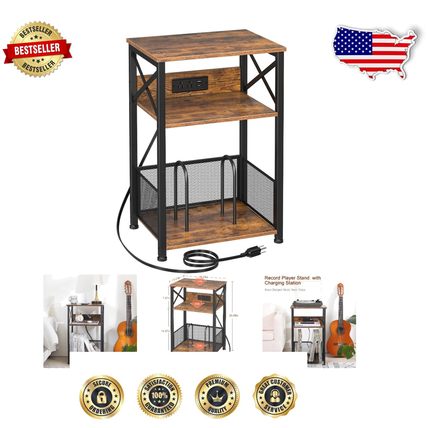 Vintage-style Record Player Stand with USB Charging in Rustic Brown  