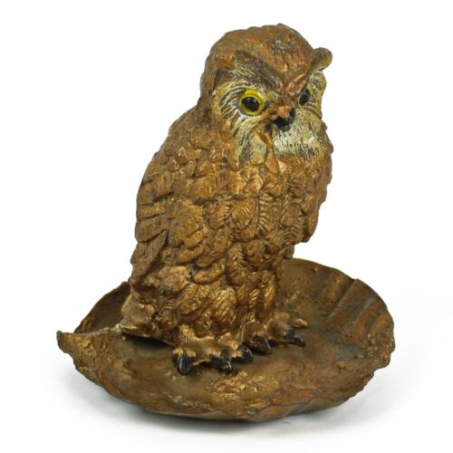 Antique Gold Painted Cast Metal Owl Figurine Trinket Dish - Picture 1 of 7