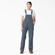 Dickies Women's Relaxed Fit Bib Overalls Rinsed Hickory Stripe Size Large