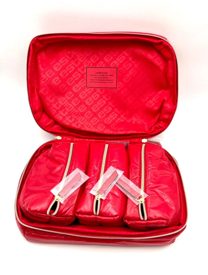 Bolso Estuche Tren Esponjoso Estee Lauder + 3 Bolsas Pequeñas con Asa ~ Rojo Foto 2 de 4