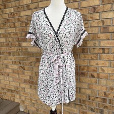 soft coquette floral robe,lace ruffle, v-neck, short sleeve,tie belt,M In Bloom