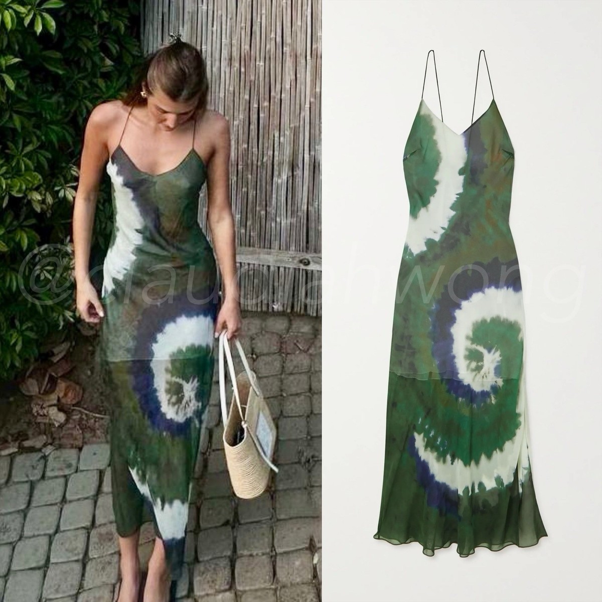 FRAME x Julia Sarr-Jamois 100% Silk Tie Dye Fatigue Green Slip Maxi Dress XS