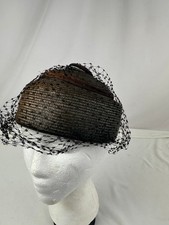 Vintage 1960's Womens Brown/Black Pillbox Straw Hat w/ Veil - size 6.5"