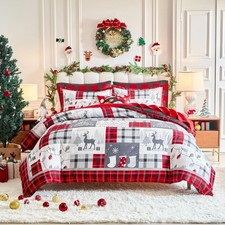 3 Pieces Christmas Quilt King Size, Red Plaid Quilt Bedding Set with 2 Pillow Sh