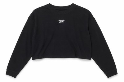 Reebok Damen Cropped T-Shirt Größe L Schwarz Einfarbig Rundhals Langarm Freizeit