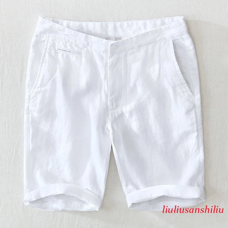 Mens 100% Linen Shorts Straight Short Pants Button Beach Crop Trouser Casual