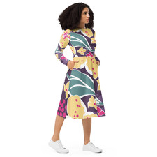 Women's Floral Melody Long-Sleeve Midi Dress - Colorful Patterned Fit Flare