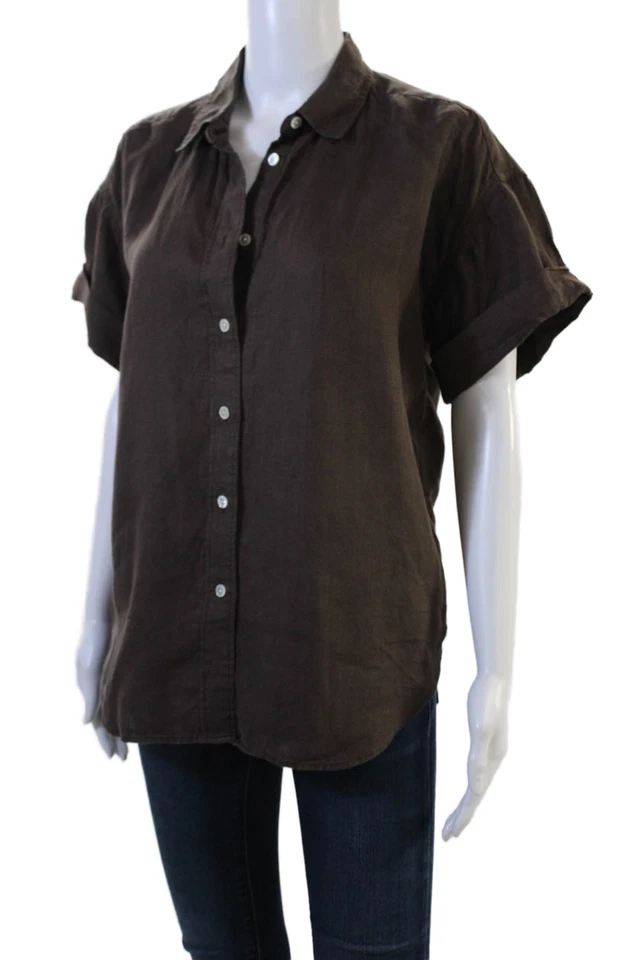 J Crew X Baird McNutt Womens Linen Short Sleeve Button Up Blouse Brown Size S - Image 2 of 4