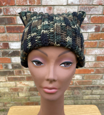 Handmade Crochet Cat Ear Beanie - Kitty Cat Hat - Hunter Green Camouflage